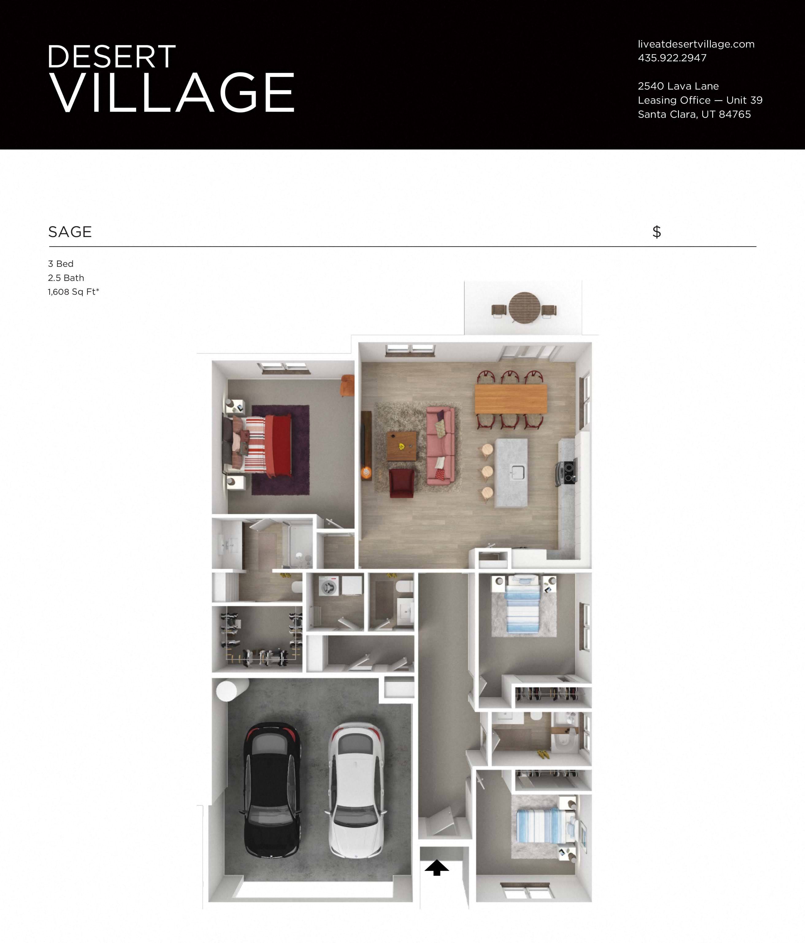 Desert Village Townhomes 3D Floor Plan - Sage